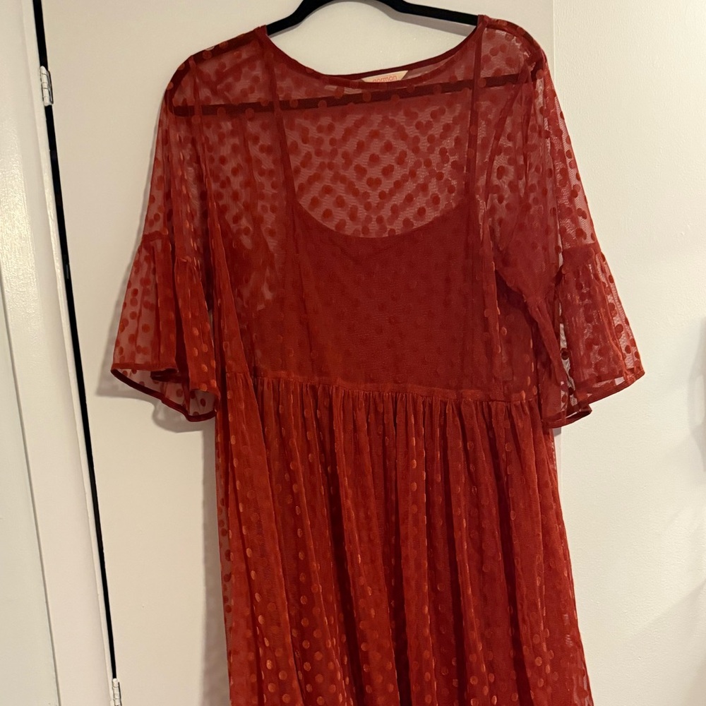 GORMAN Constellations Polka Dot 3/4 Sleeve Ruched Sheer Red Dress Size 12